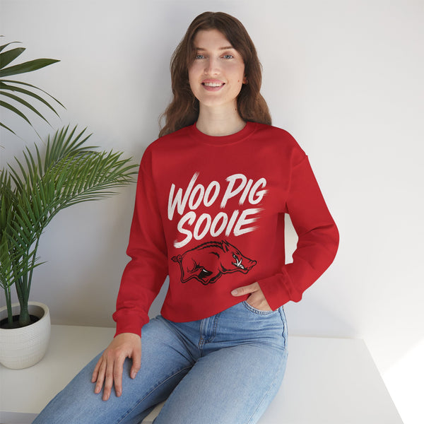 Arkansas Razorbacks Woo Pig Sooie crewneck sweatshirt in cardinal red with hog mascot