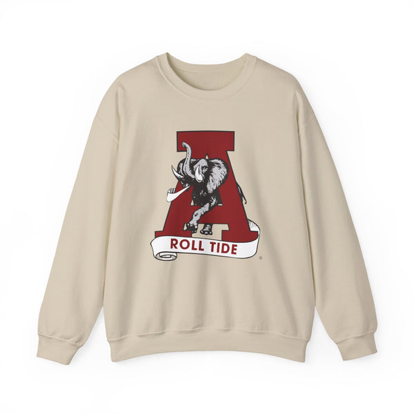 Sand Alabama Roll Tide crewneck with crimson A and elephant mascot, vintage gameday sweatshirt
