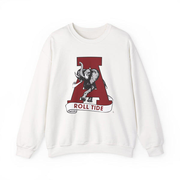 “White Alabama Roll Tide sweatshirt with crimson ‘A’ and elephant mascot logo, classic gameday crewneck”