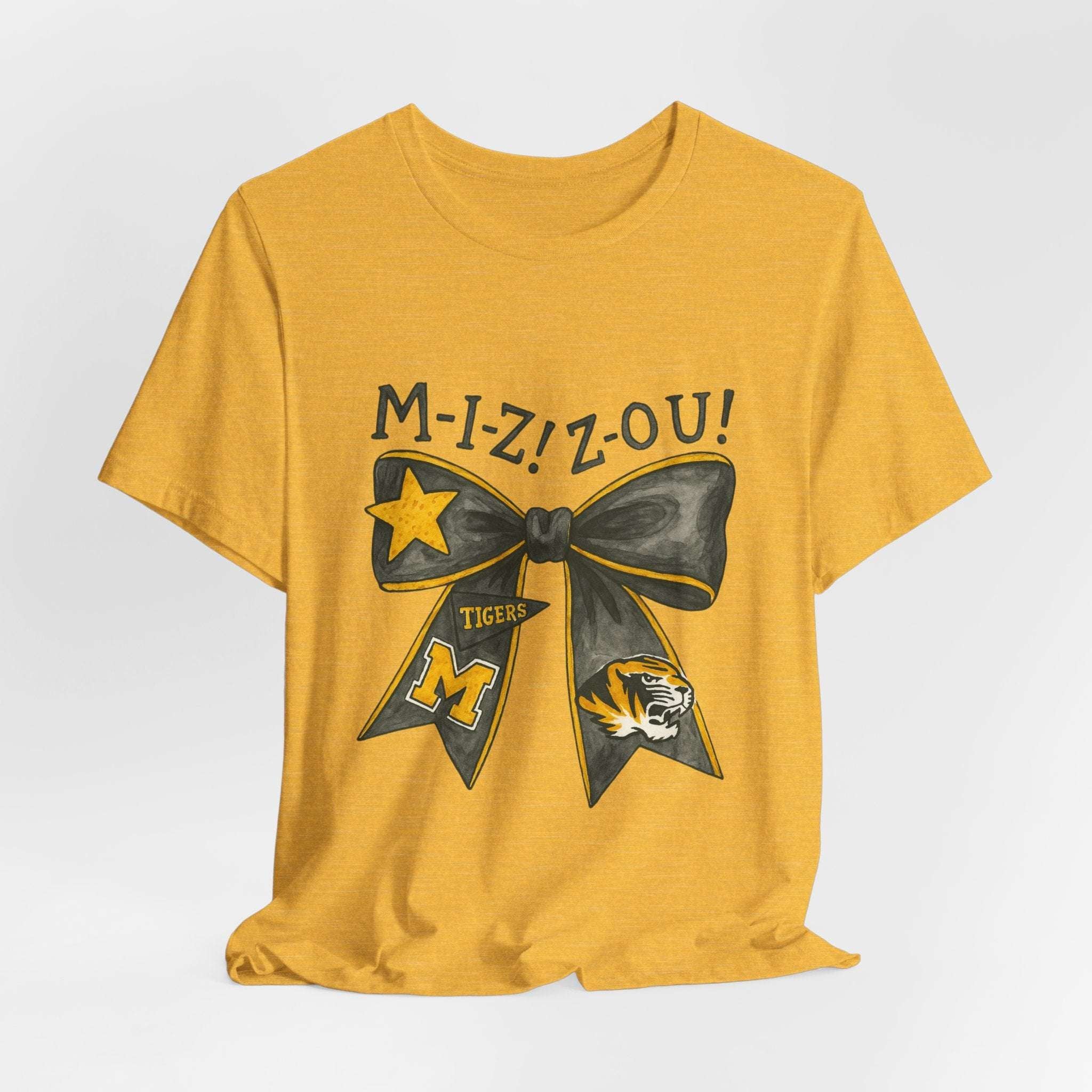 “Mizzou Tigers Bow T-Shirt – Missouri Game Day Shirt Black & Gold Cheer Bow”.