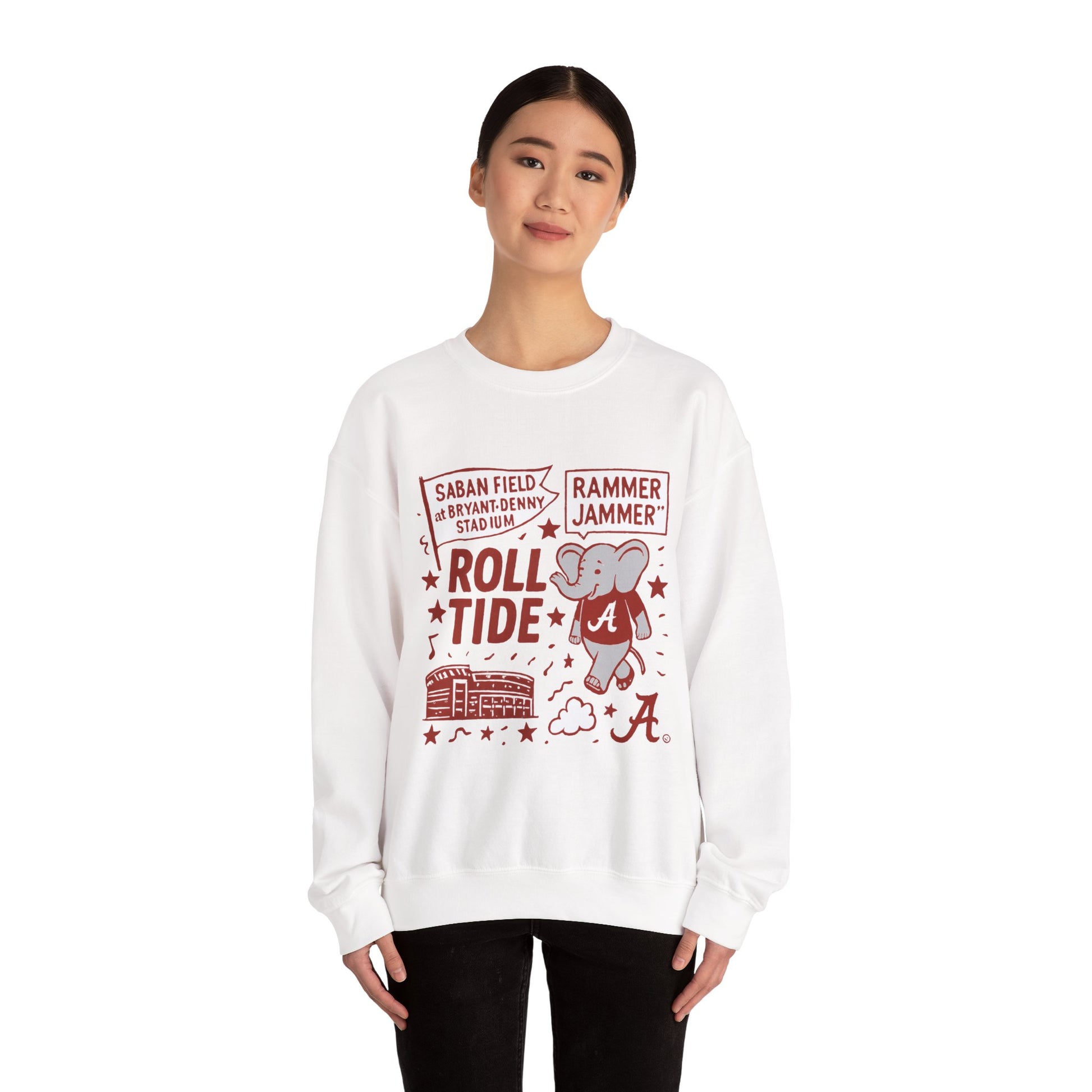 White unisex crewneck sweatshirt with Roll Tide text and Rammer Jammer graphics