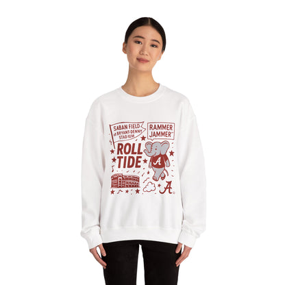 White unisex crewneck sweatshirt with Roll Tide text and Rammer Jammer graphics