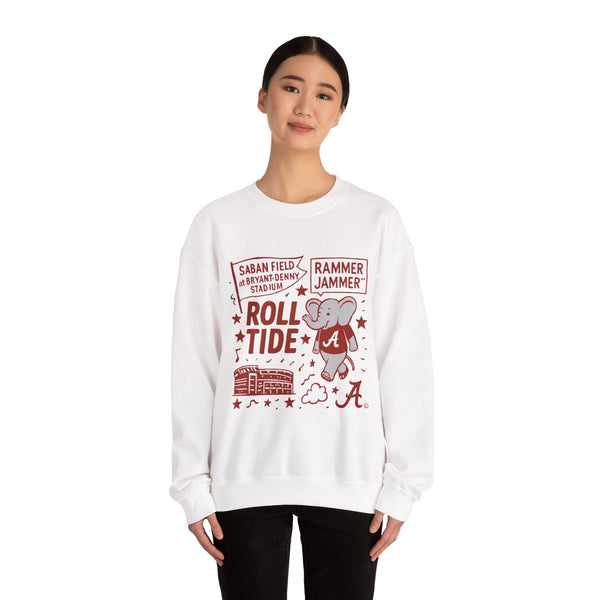 White unisex crewneck sweatshirt with Roll Tide text and Rammer Jammer graphics