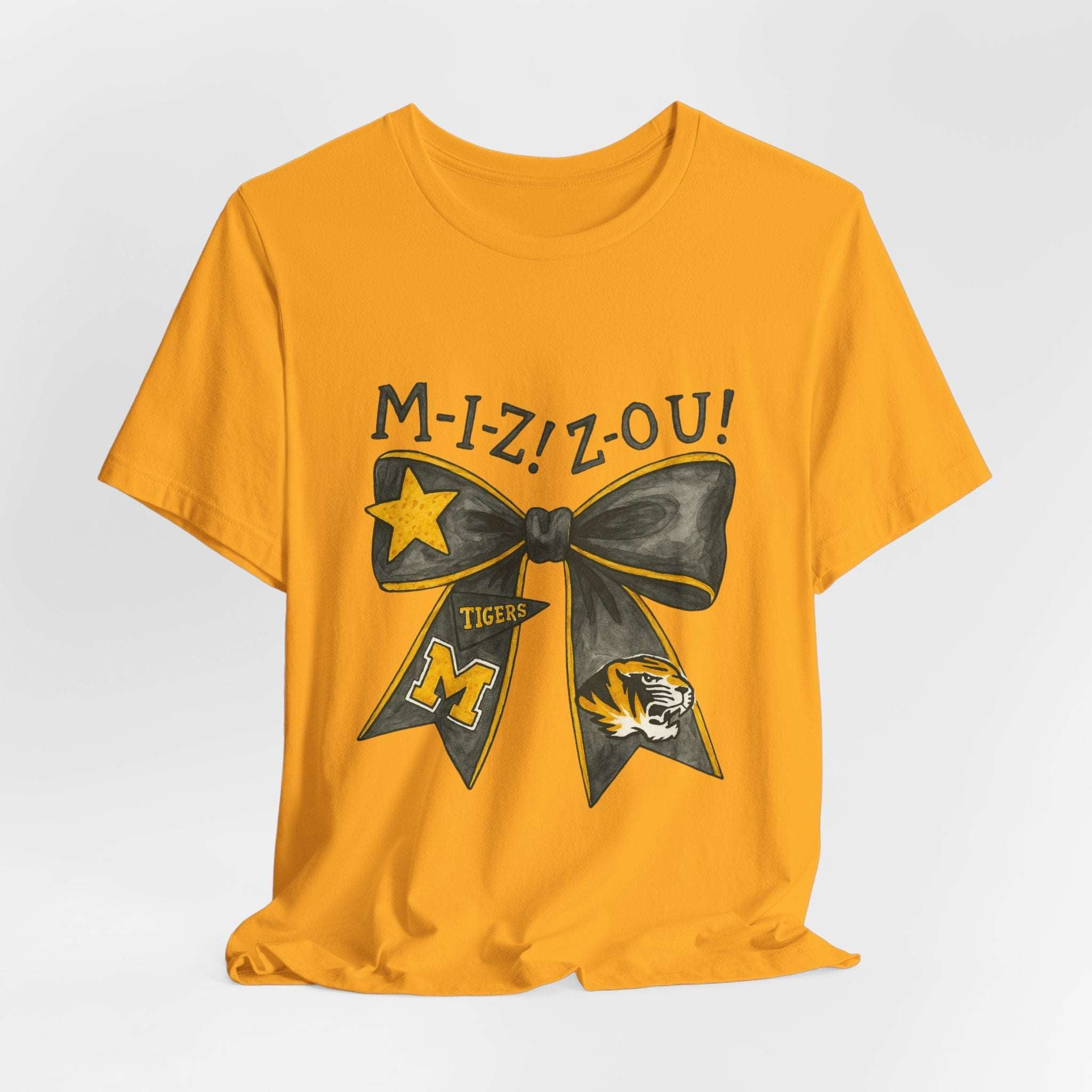 “Mizzou Tigers Bow T-Shirt – Missouri Game Day Shirt Black & Gold Cheer Bow”.