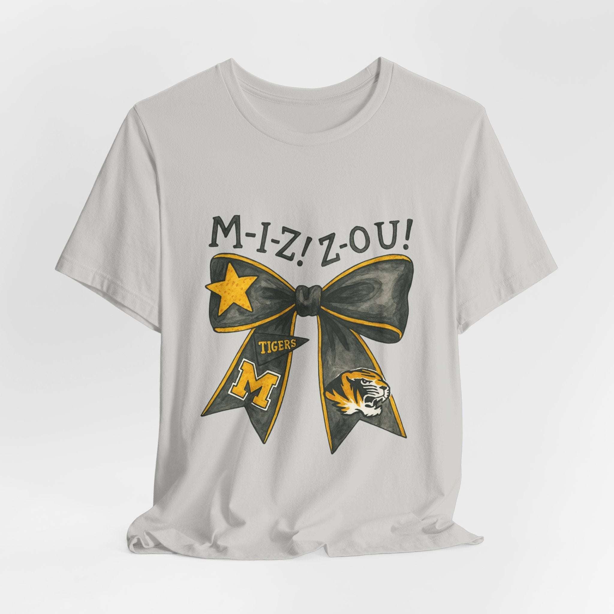 “Mizzou Tigers Bow T-Shirt – Missouri Game Day Shirt Black & Gold Cheer Bow”.