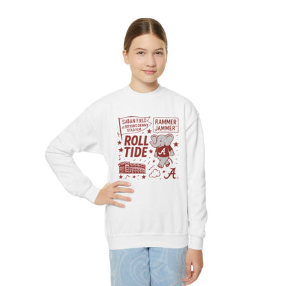 Alabama Crimson Tide Roll Tide white sweatshirt with Big Al mascot and Bryant-Denny Stadium design