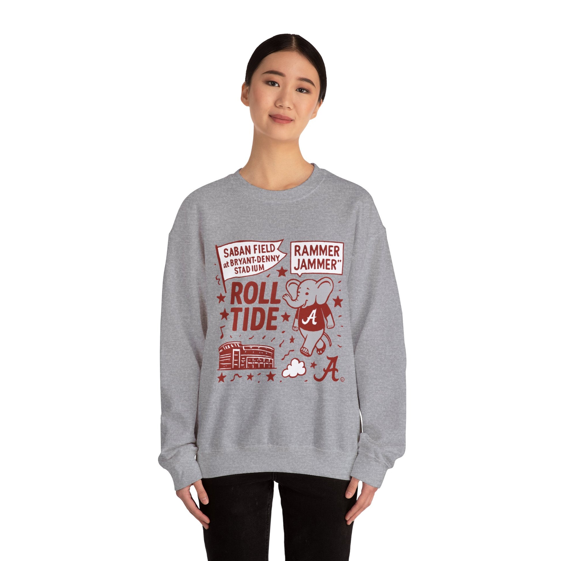 Gray unisex crewneck sweatshirt with Roll Tide text and Rammer Jammer graphics