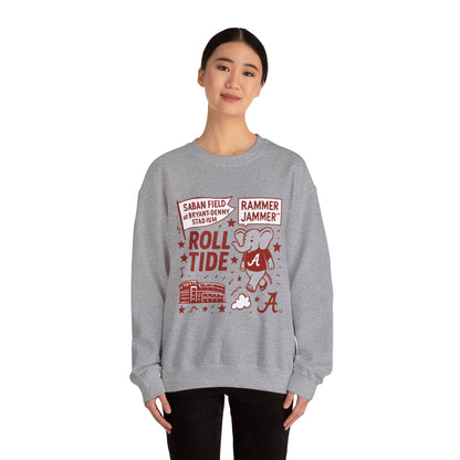 Gray unisex crewneck sweatshirt with Roll Tide text and Rammer Jammer graphics