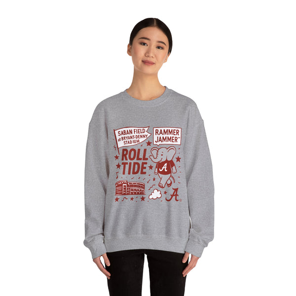 Gray unisex crewneck sweatshirt with Roll Tide text and Rammer Jammer graphics