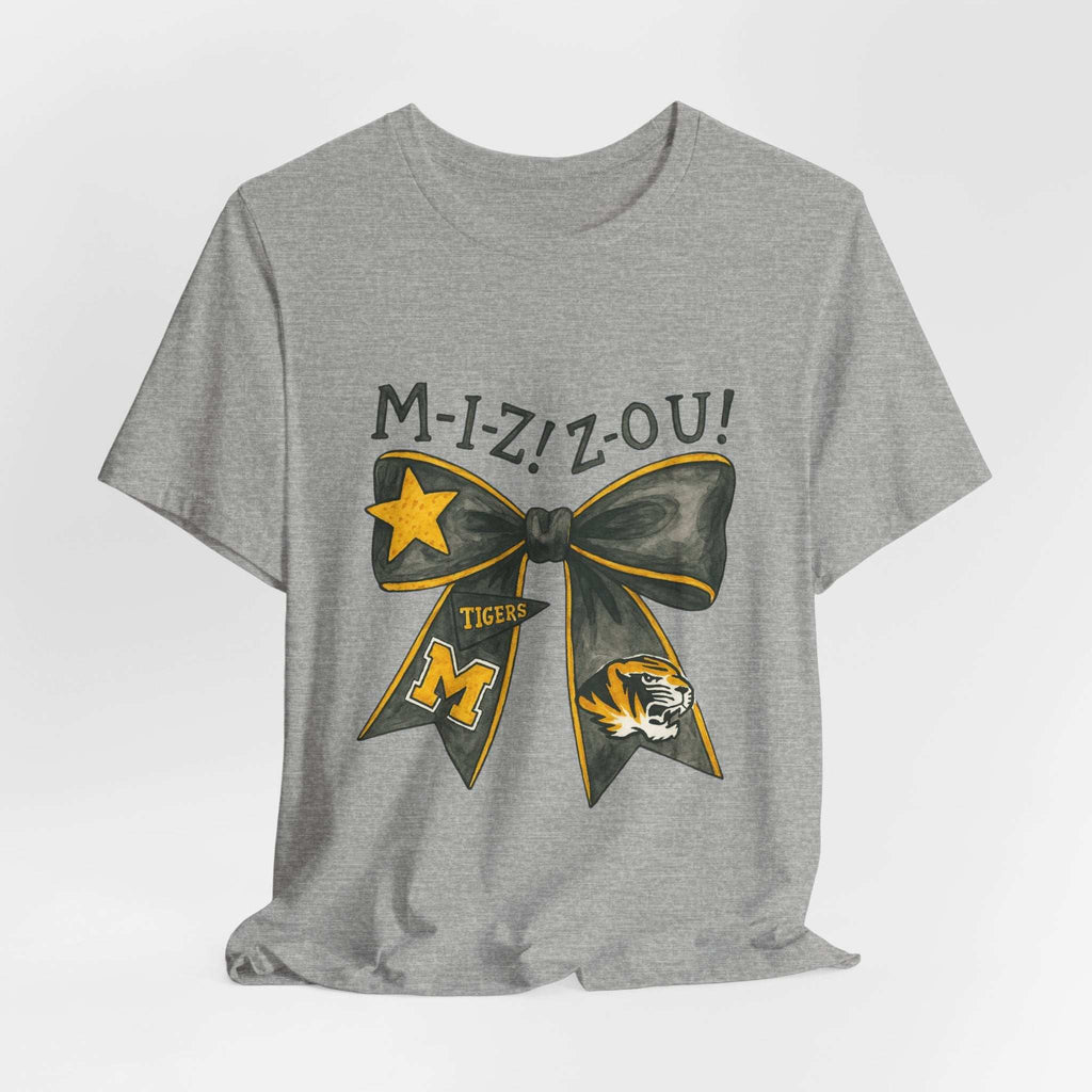 “Mizzou Tigers Bow T-Shirt – Missouri Game Day Shirt Black & Gold Cheer Bow”.