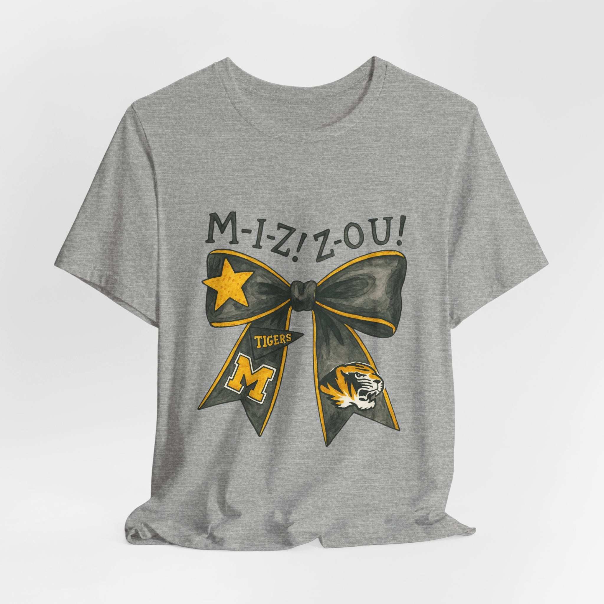 “Mizzou Tigers Bow T-Shirt – Missouri Game Day Shirt Black & Gold Cheer Bow”.