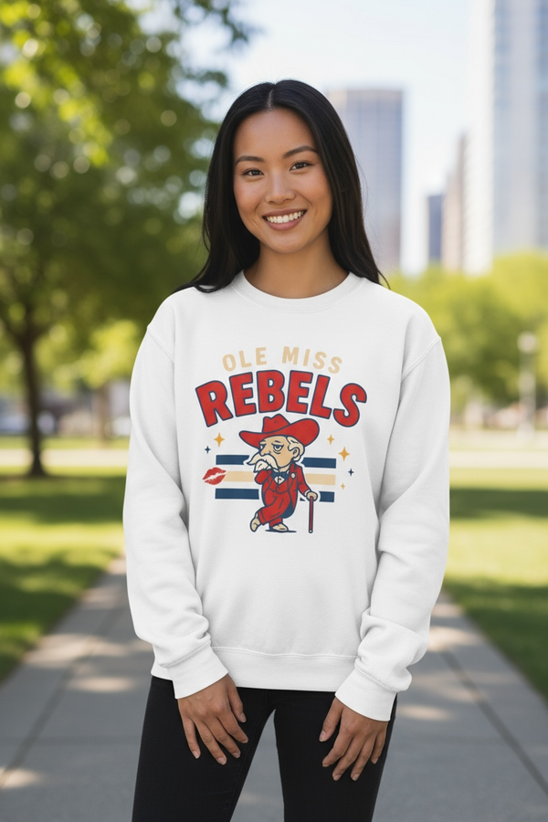 Ole Miss Rebels vintage mascot sweatshirt – retro SEC football game day apparel in red and blue