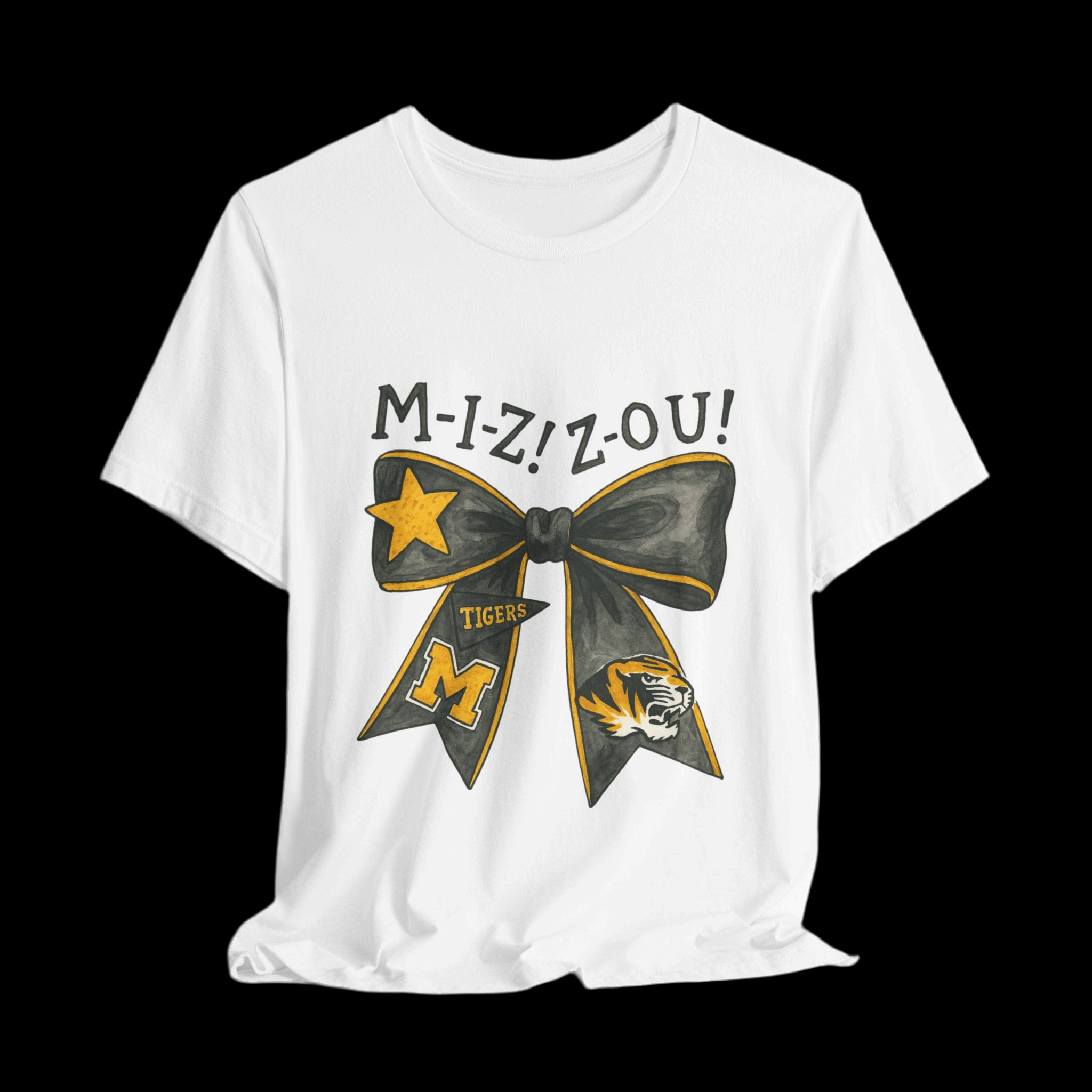 “Mizzou Tigers Bow T-Shirt – Missouri Game Day Shirt Black & Gold Cheer Bow”.