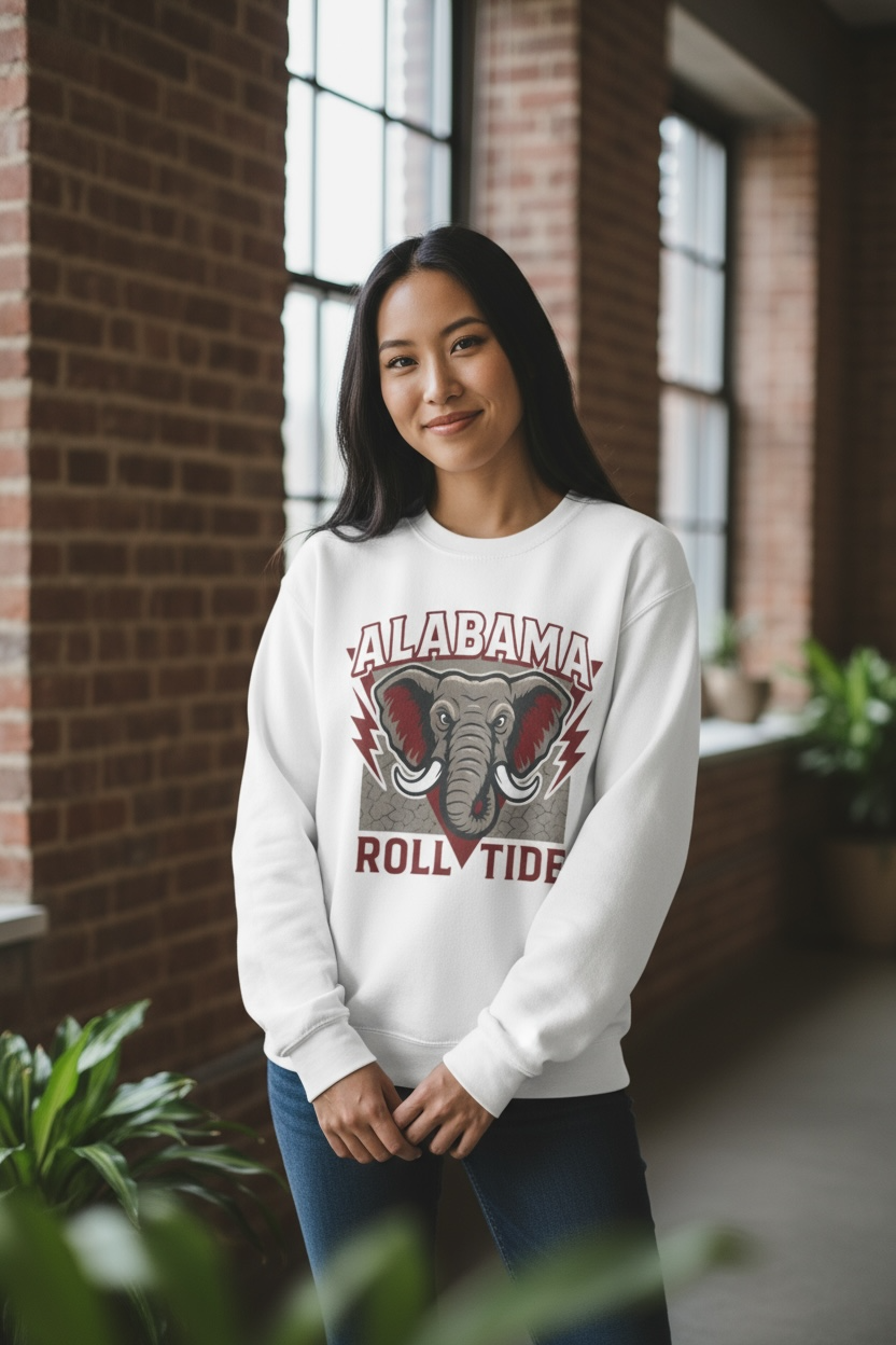 White Alabama Crimson Tide sweatshirt with vintage elephant mascot graphic and Roll Tide text – Antler & Ivy