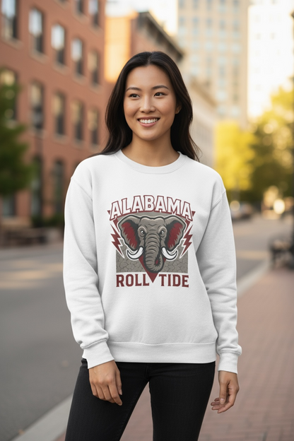 White Alabama Crimson Tide sweatshirt with vintage elephant mascot graphic and Roll Tide text – Antler & Ivy