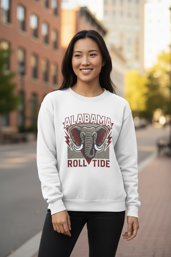White Alabama Crimson Tide sweatshirt with vintage elephant mascot graphic and Roll Tide text – Antler & Ivy