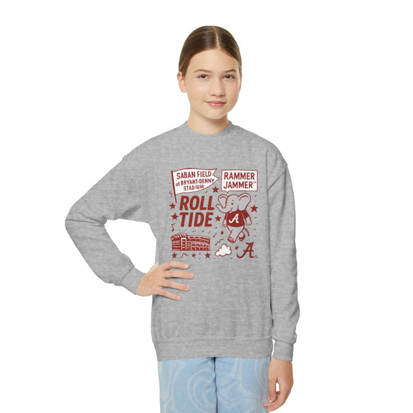 Alabama Crimson Tide Roll Tide gray sweatshirt with Big Al mascot and Bryant-Denny Stadium design