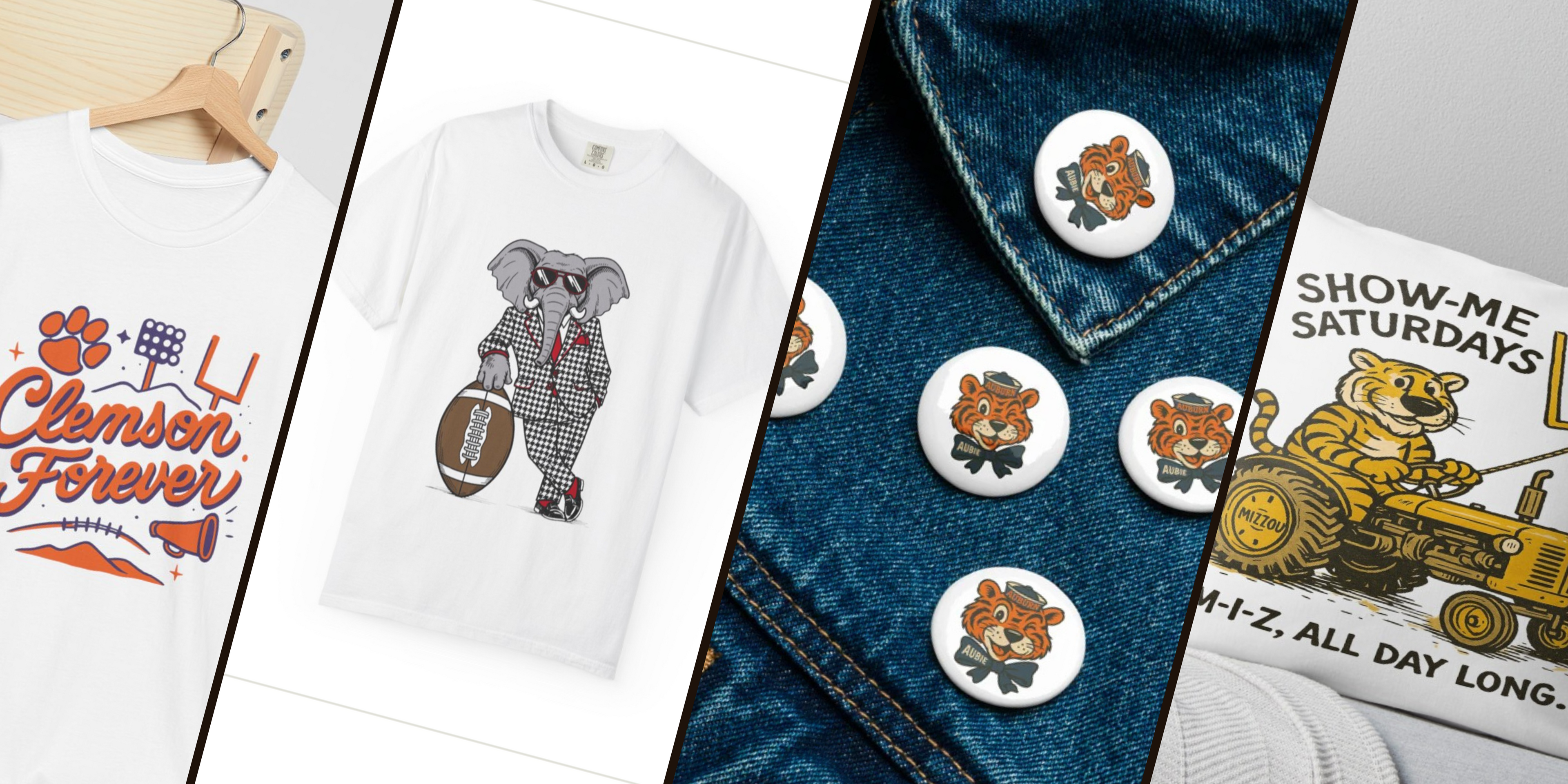 “Vintage-inspired college football designs – Clemson Forever t-shirt, Alabama houndstooth elephant shirt, Auburn Aubie tiger buttons, and Missouri Show-Me Saturdays poster – retro game day apparel and accessories.”