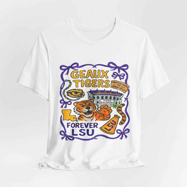 LSU Geaux Tigers gameday t-shirt with hand-drawn tiger mascot, Tiger Stadium, Louisiana outline, and Mardi Gras beads — Forever LSU fan shirt”
