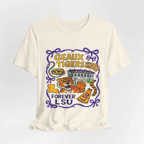 LSU Geaux Tigers gameday t-shirt with hand-drawn tiger mascot, Tiger Stadium, Louisiana outline, and Mardi Gras beads — Forever LSU fan shirt”
