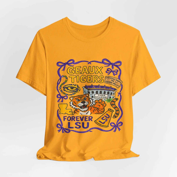 LSU Geaux Tigers gameday t-shirt with hand-drawn tiger mascot, Tiger Stadium, Louisiana outline, and Mardi Gras beads — Forever LSU fan shirt”
”