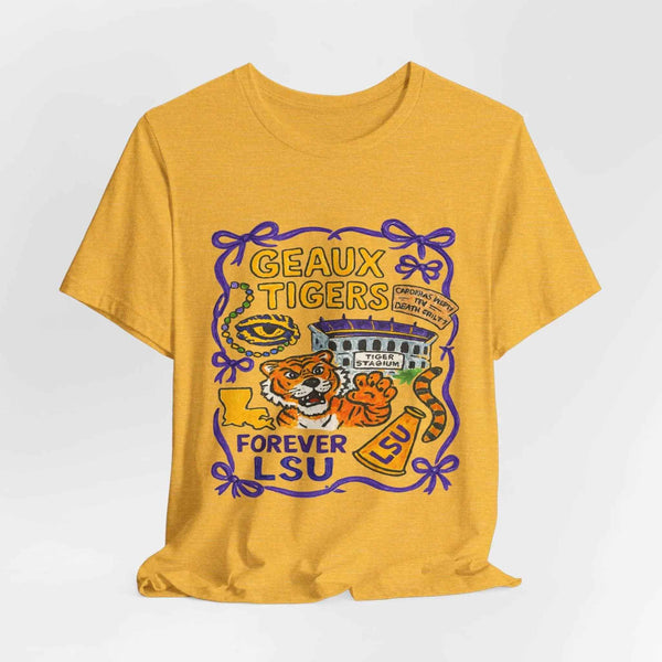 LSU Geaux Tigers gameday t-shirt with hand-drawn tiger mascot, Tiger Stadium, Louisiana outline, and Mardi Gras beads — Forever LSU fan shirt”
”