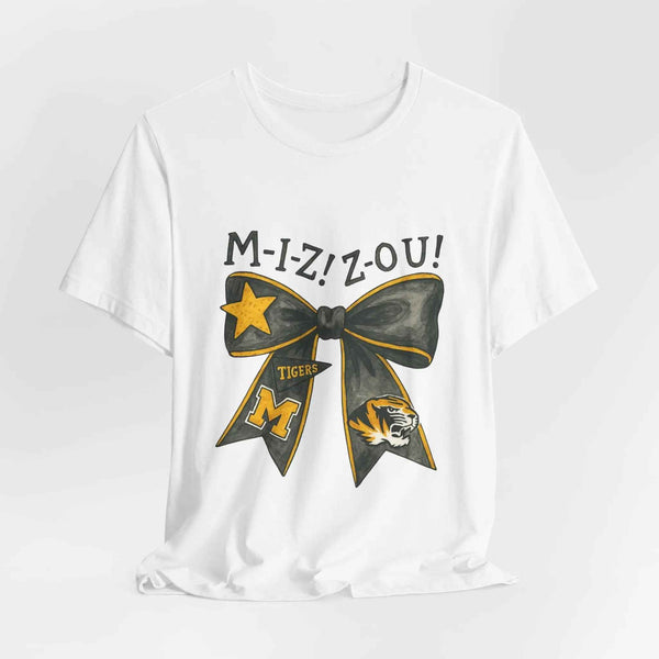“Mizzou Tigers Bow T-Shirt – Missouri Game Day Shirt Black & Gold Cheer Bow”