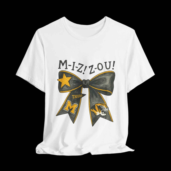 “Mizzou Tigers Bow T-Shirt – Missouri Game Day Shirt Black & Gold Cheer Bow”
