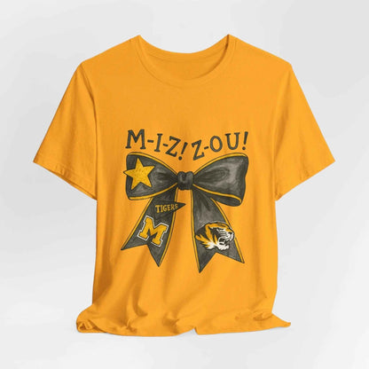 “Mizzou Tigers Bow T-Shirt – Missouri Game Day Shirt Black & Gold Cheer Bow”