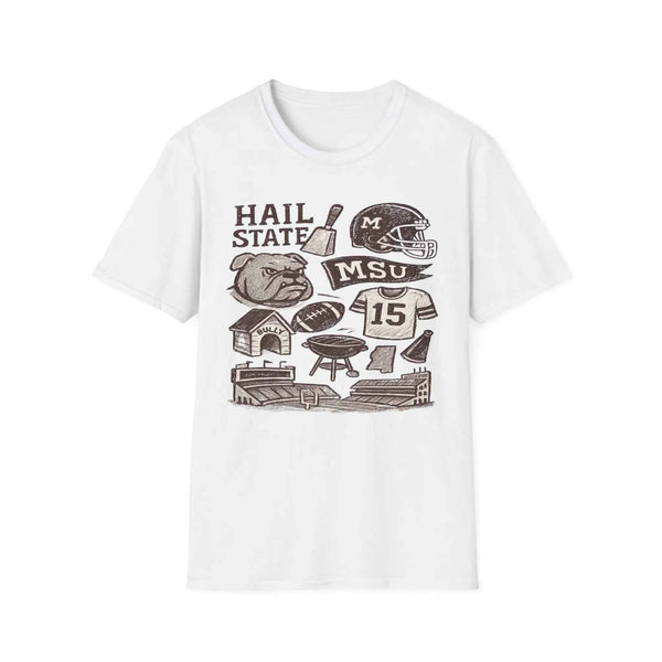 Mississippi State Bulldogs Hail State vintage t-shirt – SEC football apparel with Bully mascot, cowbell, and Davis Wade Stadium
